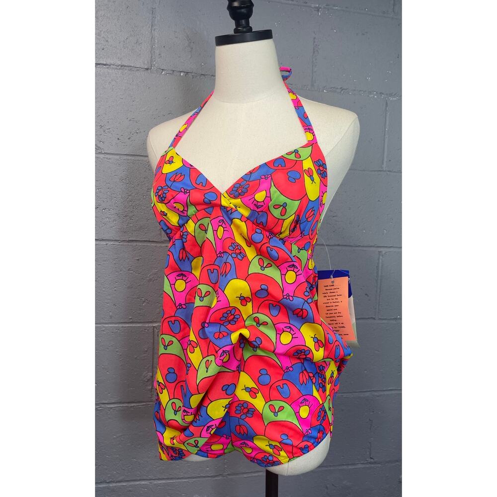 Vintage 60s 70s Deadstock Psychedelic Screen Print 2 Piece Bikini Tankini XS SM